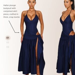 Halter Plunge Navy Dress with Conjoined Skirt